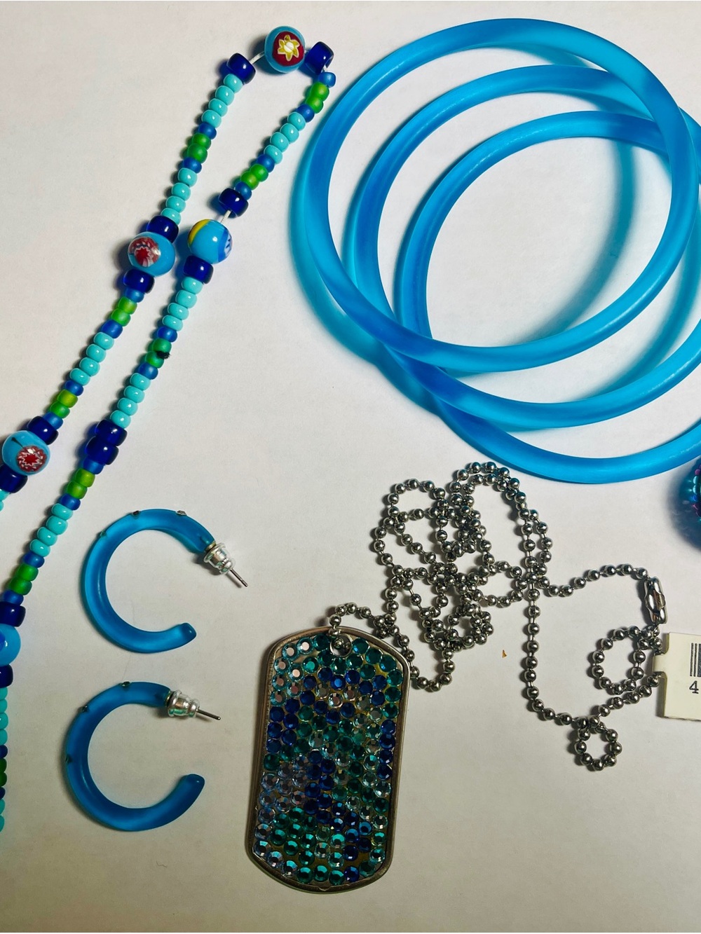 Blue Beaded Necklace, Hoop Earrings & Rhinestone Dog Tag Pendant Set